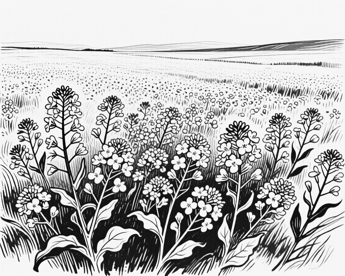 A field of blooming mustard flowers stretching toward the horizon.