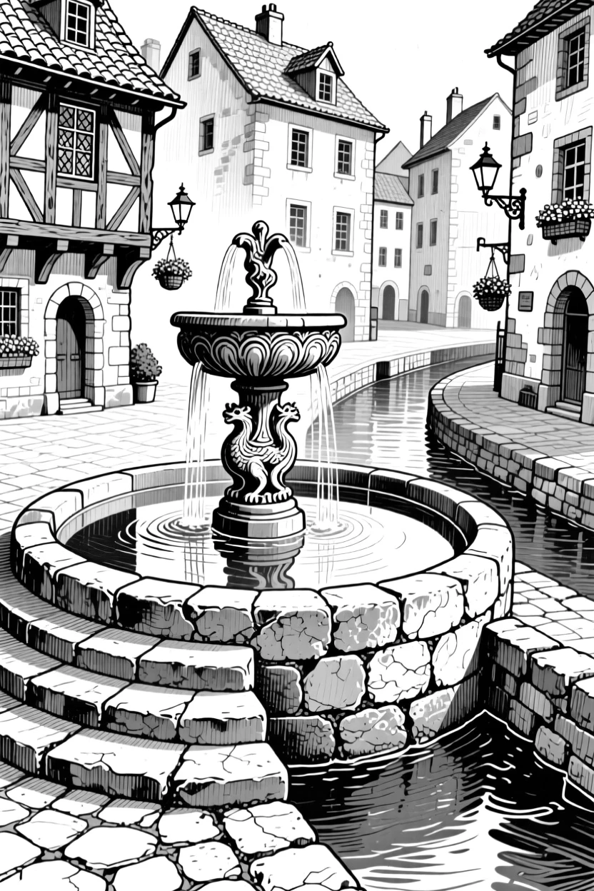 A medieval town square with a fountain reflected in a still canal, featuring worn stone steps polished by centuries of footsteps, rendered in a quietly charming architectural composition.