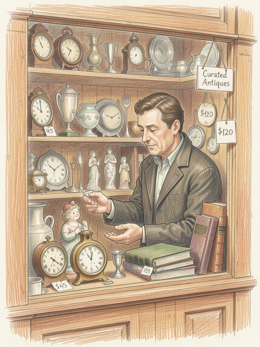 An antique collector arranging treasures in a cozy shop window, with a calm, focused atmosphere throughout, full of quiet satisfaction and personal fulfillment.