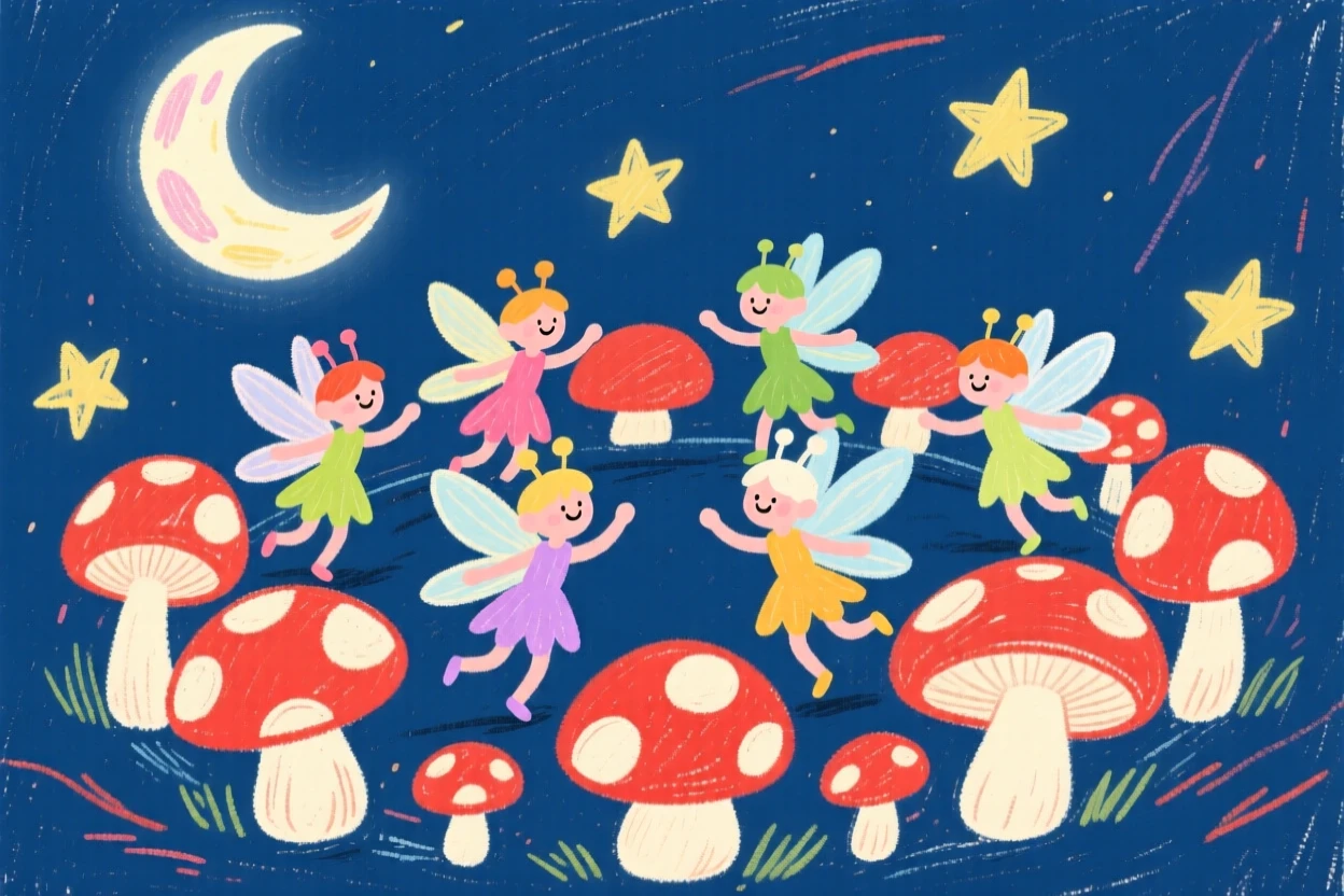 A group of tiny fairies dancing around a moonlit toadstool ring.