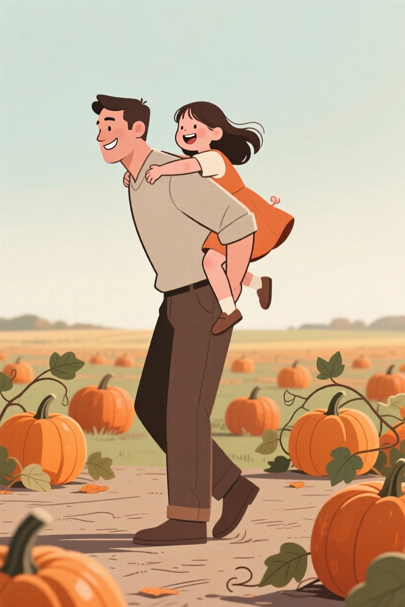 A father giving his daughter a piggyback ride through a pumpkin patch.