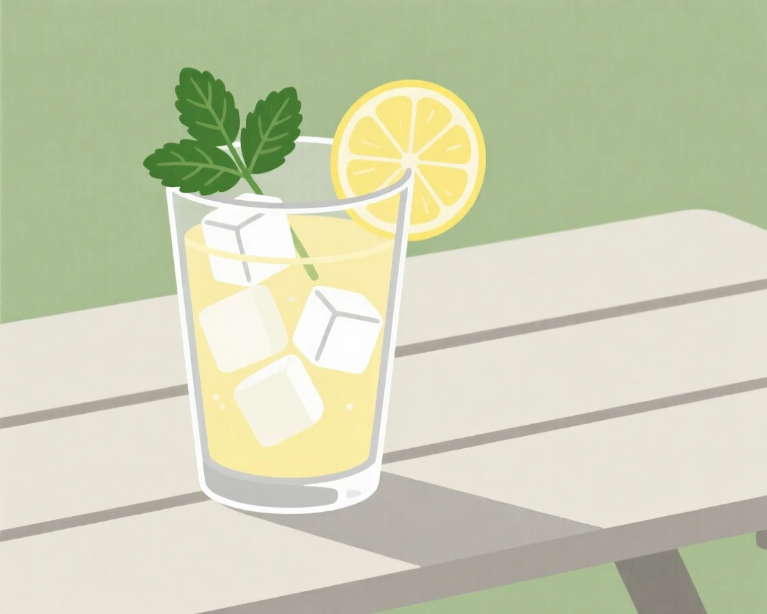 A freshly prepared glass of iced lemonade served on a sprig of mint, set in an outdoor picnic setting, inviting fresh vibrance.