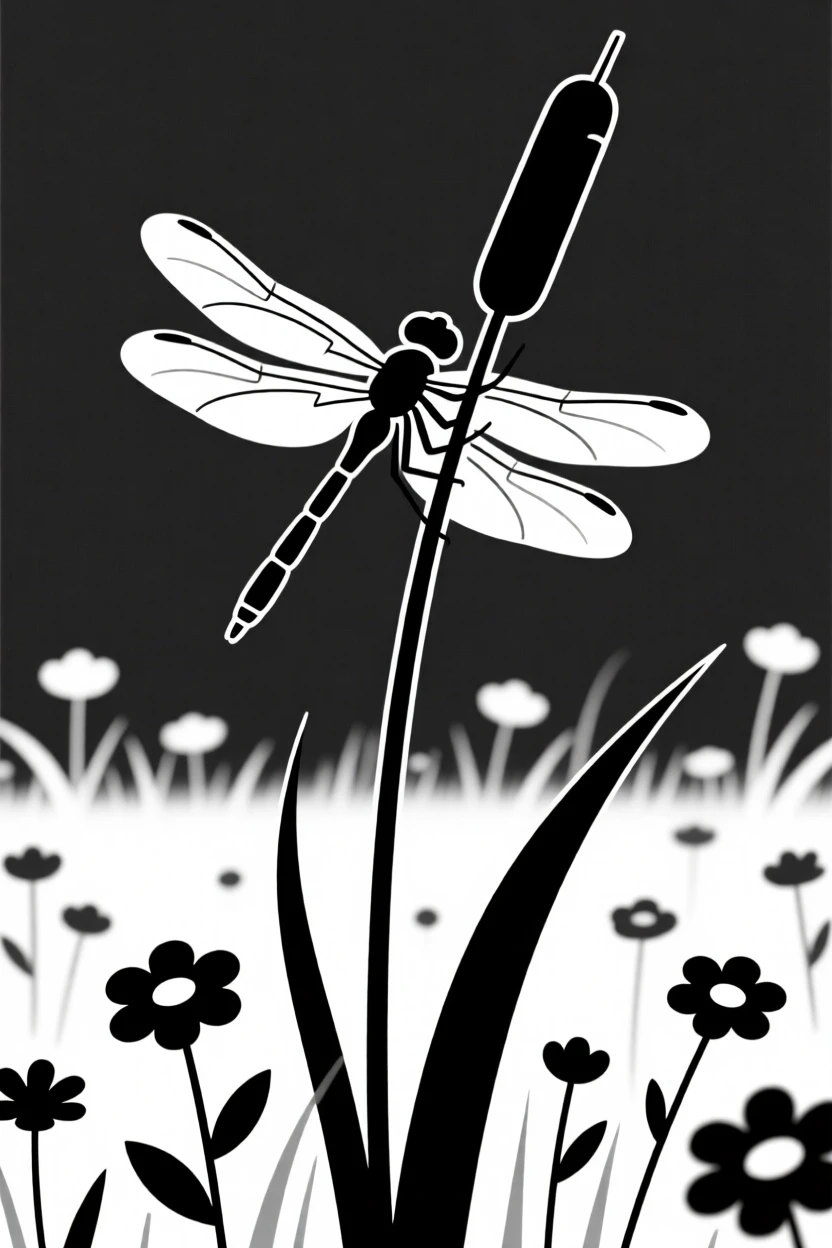 A dragonfly resting on a reed in a wildflower field.