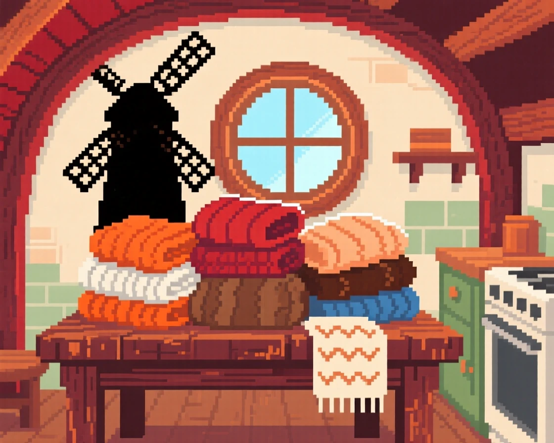 A warm kitchen table piled with hand-knitted blankets, inside a windmill converted into a tiny home.
