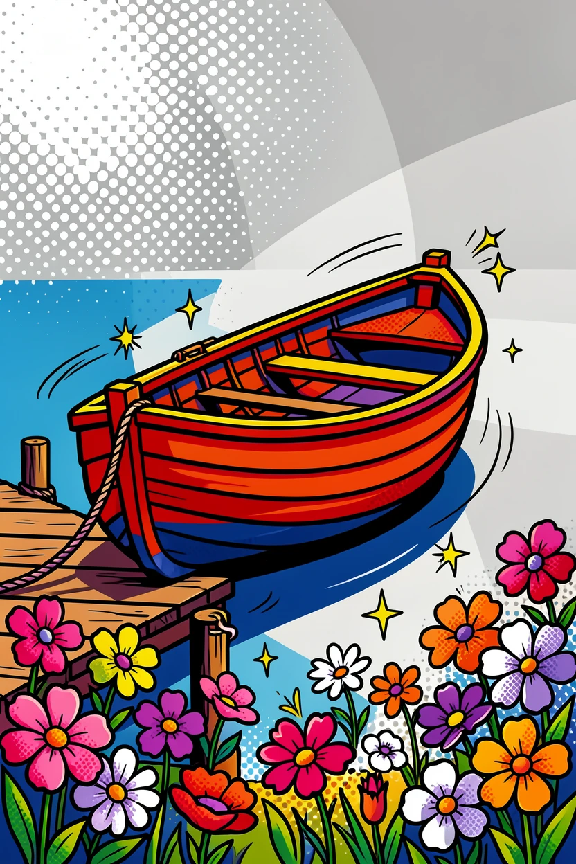A wooden rowboat tied to a dock beside a field of wildflowers