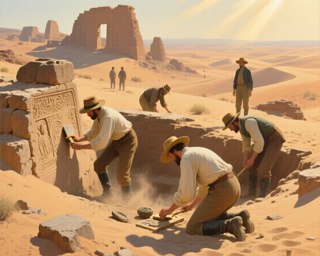 A well-framed scene of a team of archaeologists uncovering ancient ruins in the desert sand, in late afternoon, in the early 19th century.