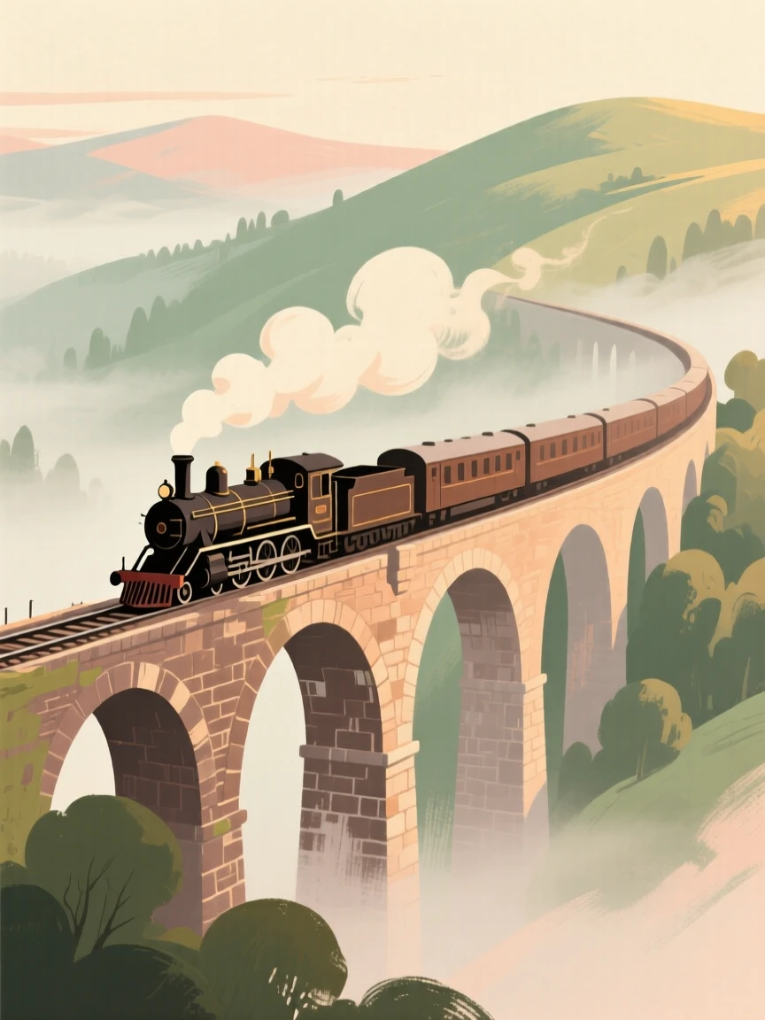 A vintage steam locomotive crossing a stone viaduct through misty hills