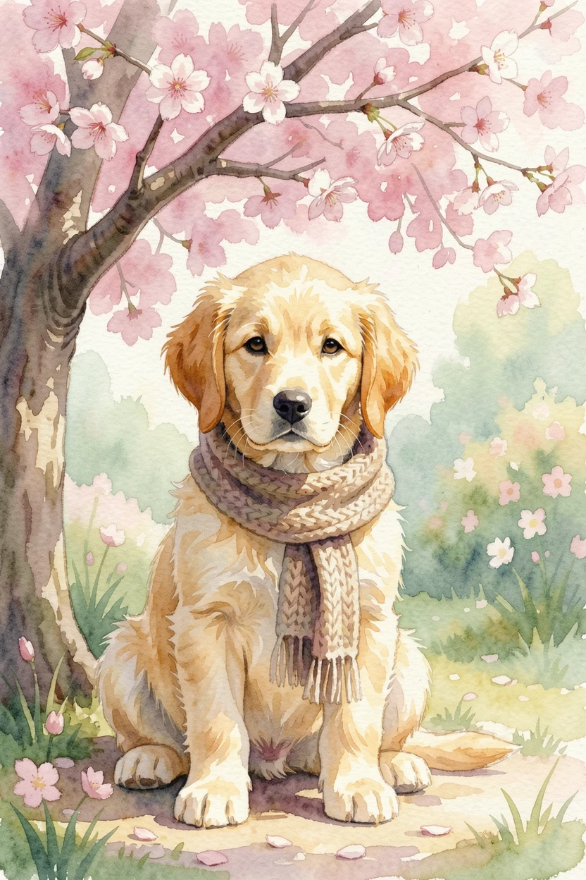 A golden retriever puppy under a blooming cherry tree wearing a cozy knitted scarf.
