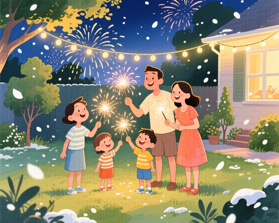 A family lighting fireworks on a summer night, in a backyard glowing with sparklers and string lights, with soft snow or petals drifting gently through the scene, evoking joyful celebration and togetherness.