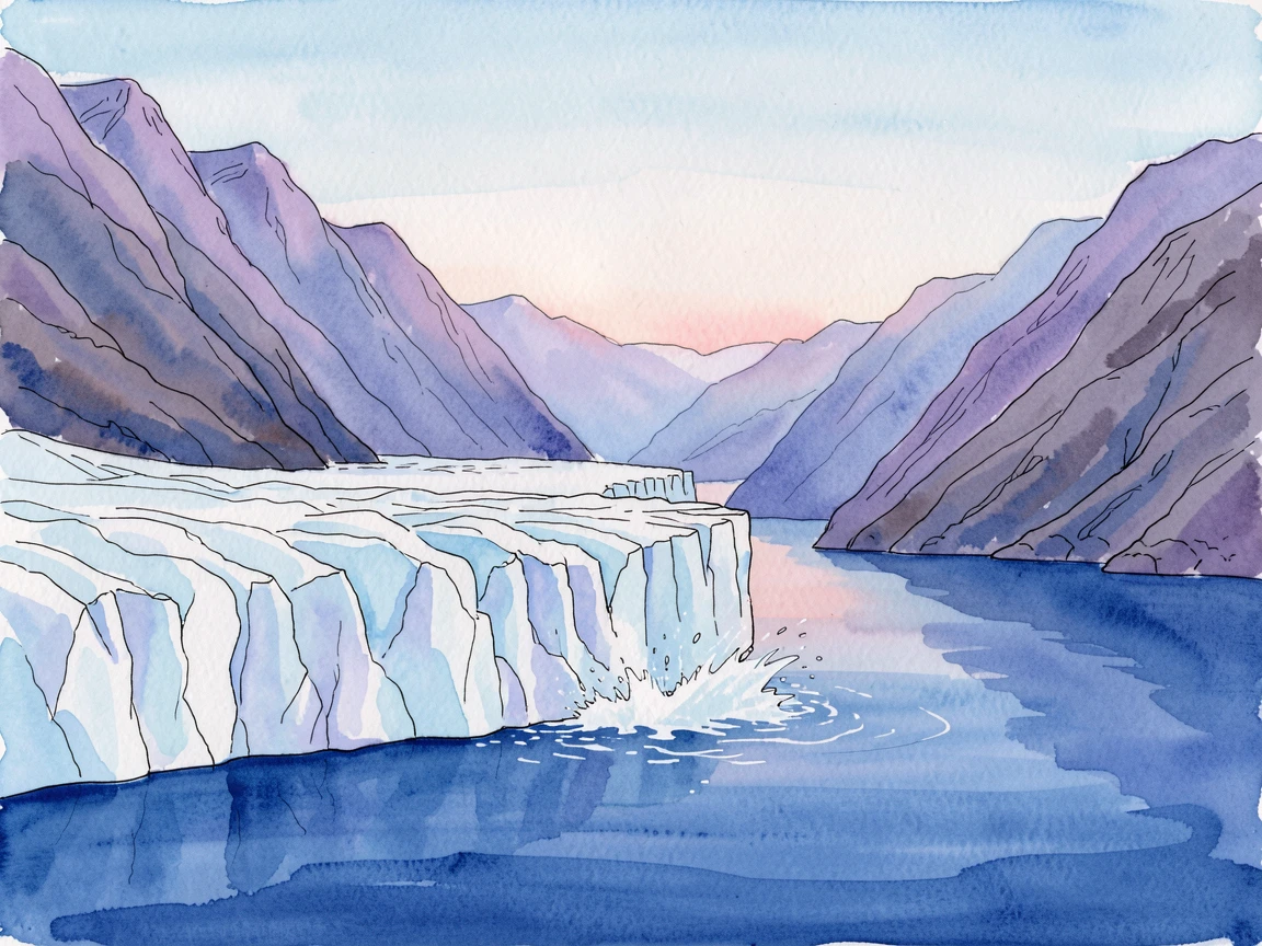 A remote glacier calving into a deep blue fjord, the scene bathed in the soft blue light of early dawn.