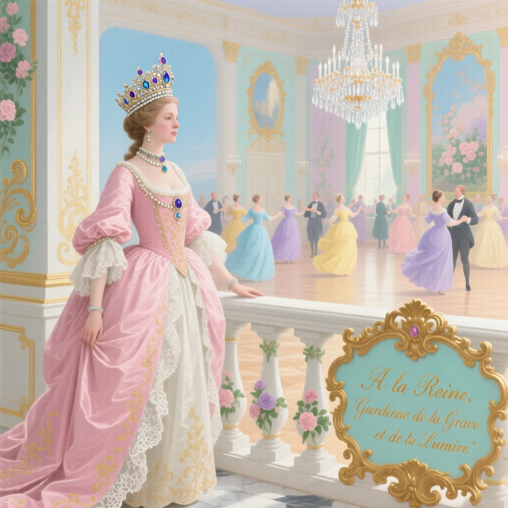 A queen with a jeweled crown gazing over a ballroom from a balcony  
