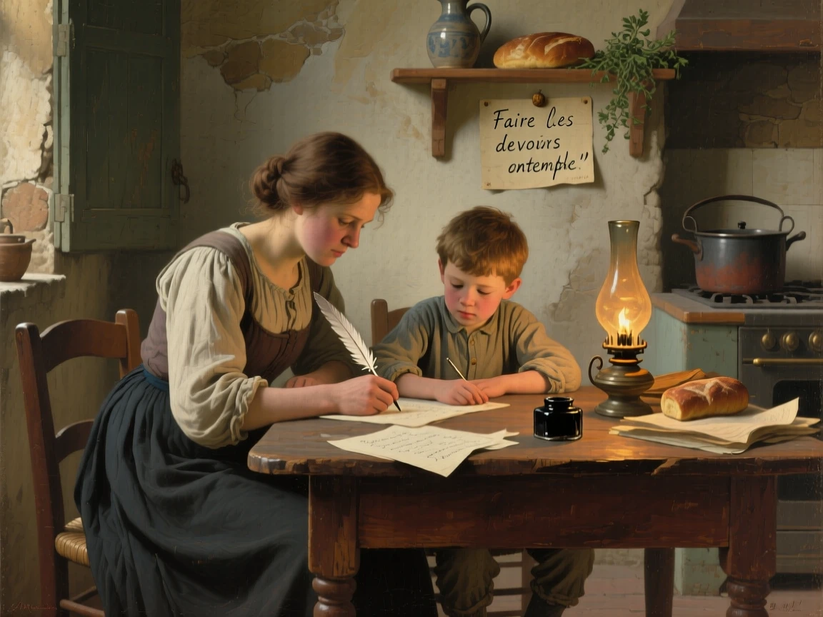 A mother helping her son with homework at the kitchen table, captured in a candid, unposed moment of togetherness, designed to remind viewers of their own cherished family memories