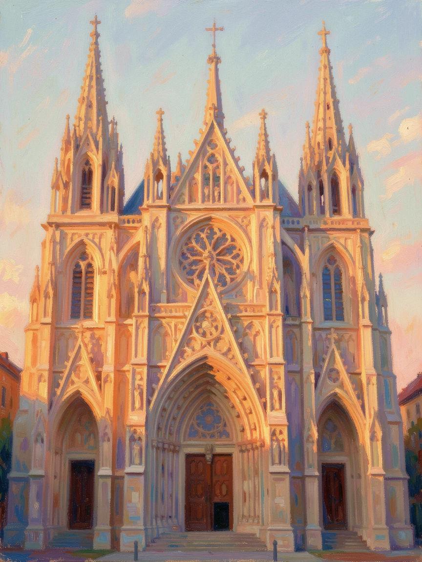 A dramatic Gothic cathedral facade illuminated by warm evening light, intricate carvings catching every shadow.
