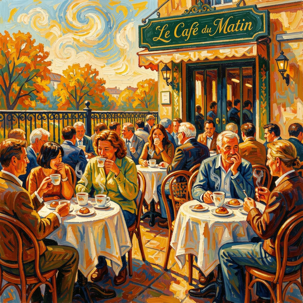 A bustling café terrace filled with people chatting over coffee on a sunny morning.