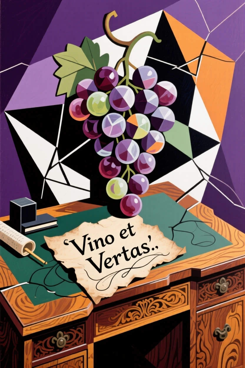 An elegant still life featuring a cluster of wine grapes atop an antique writing desk.