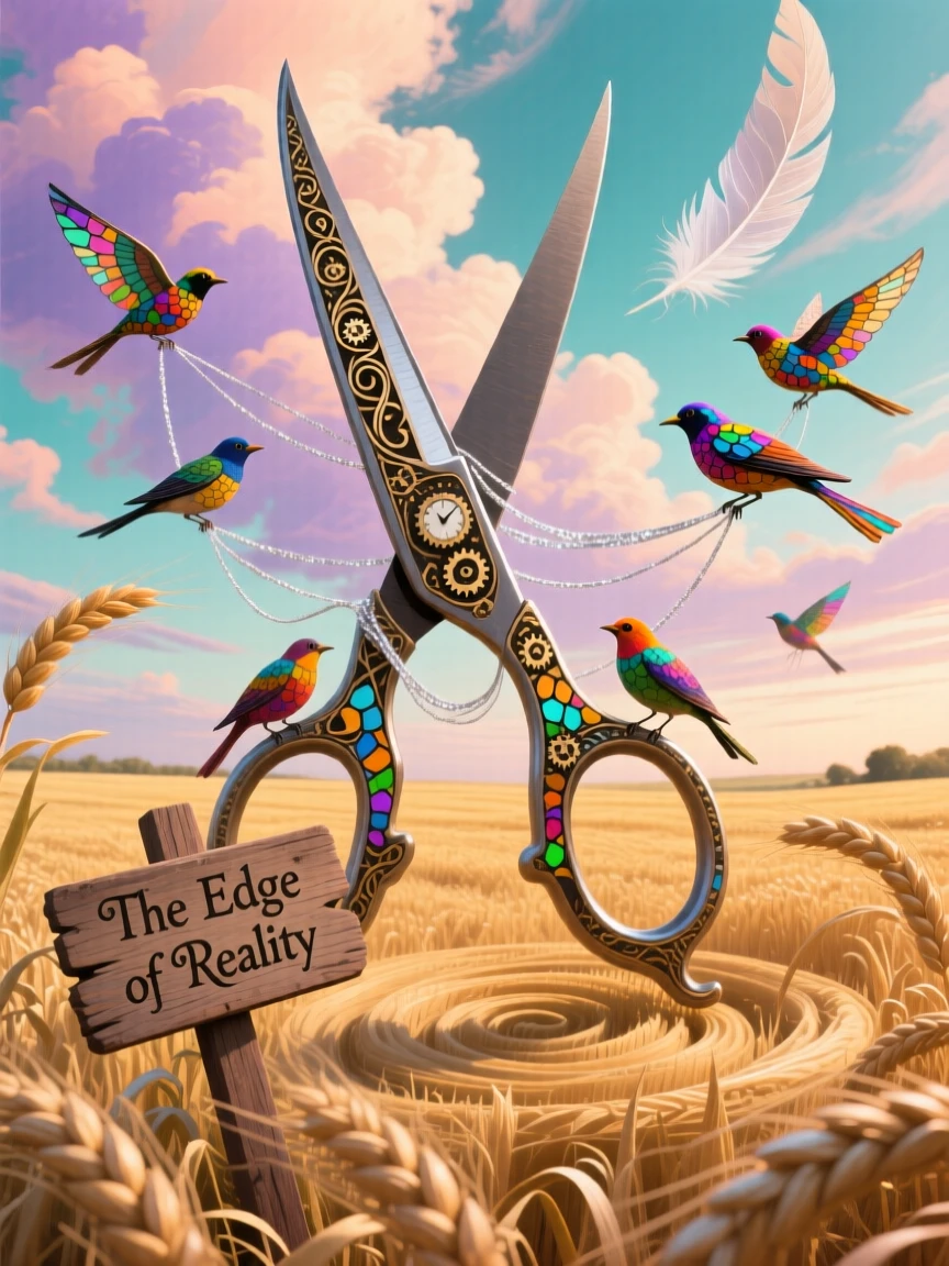 A colossal pair of scissors standing upright in a wheat field sits abandoned beneath a sky streaked with soft pastel clouds, as birds circle curiously around its towering form.