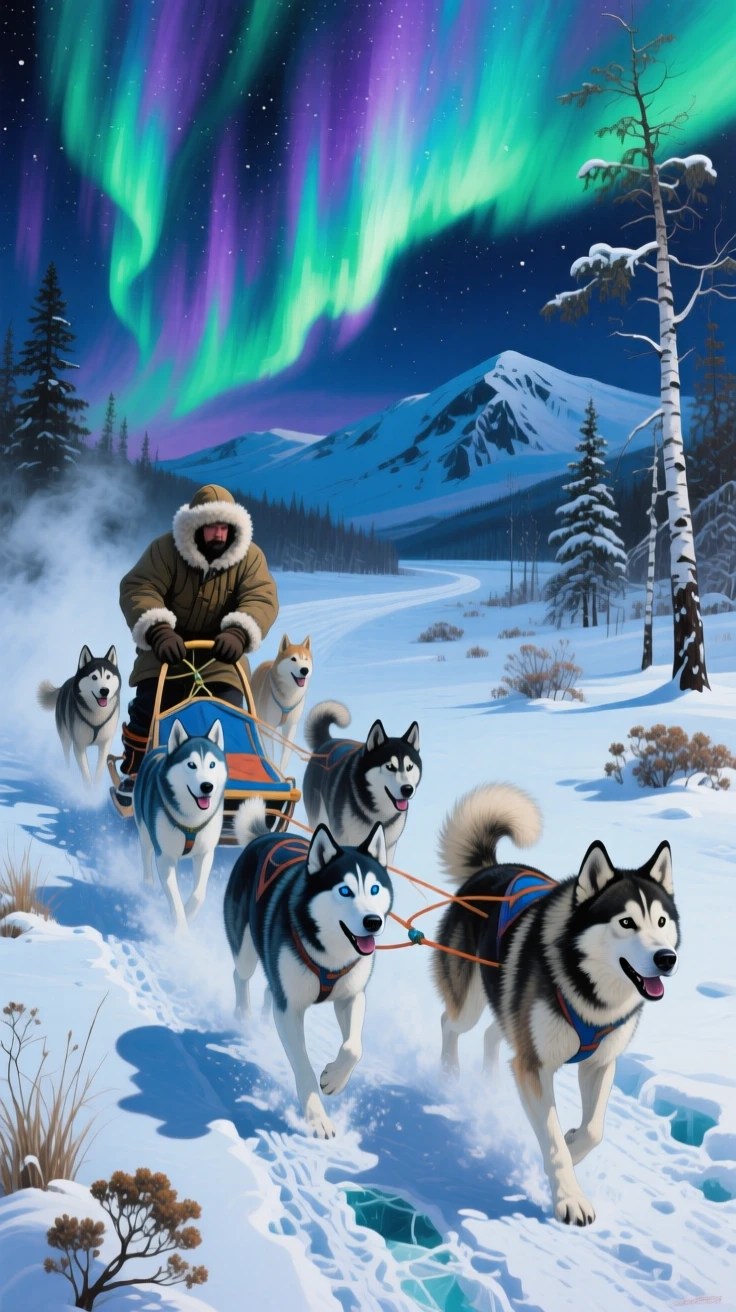 A group of sled dogs pulls a musher across a snowy Alaskan trail, breath visible in the cold air beneath the glowing aurora borealis, nearby vegetation and terrain grounding the animal firmly within its natural environment.