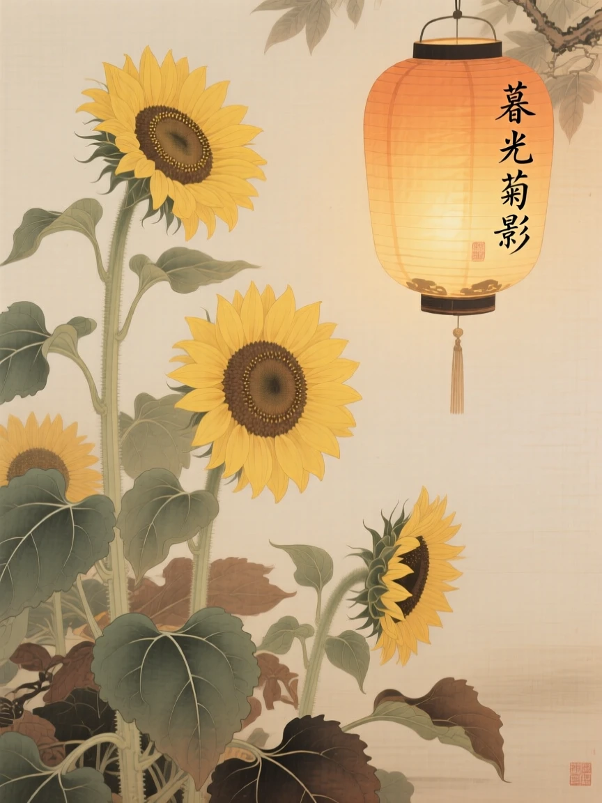 Sunflowers turning toward the afternoon light under a paper lantern glowing at dusk