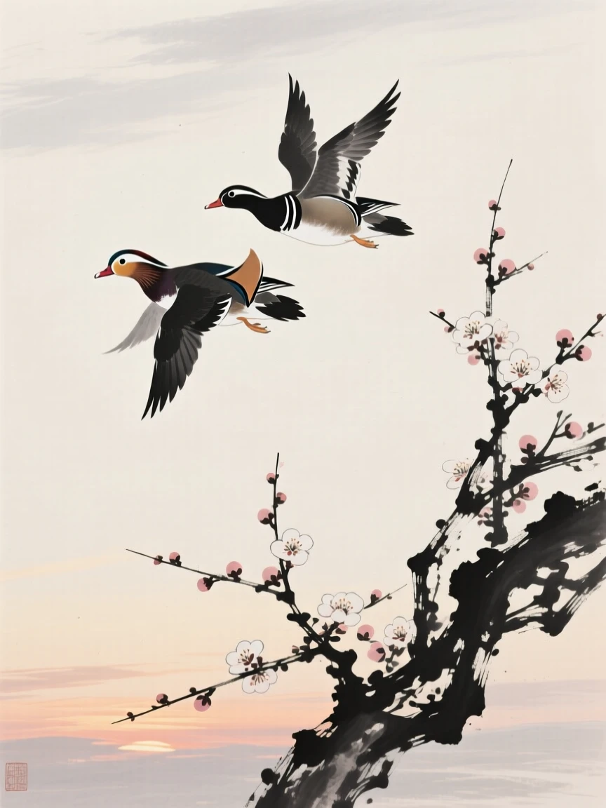 A mandarin duck pair soaring high against an open sky beside a blooming plum tree, silhouetted softly against the fading light, conveying serenity and effortless movement.