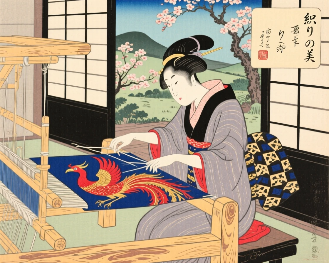 A weaver at a wooden loom stitching a phoenix design onto silk.