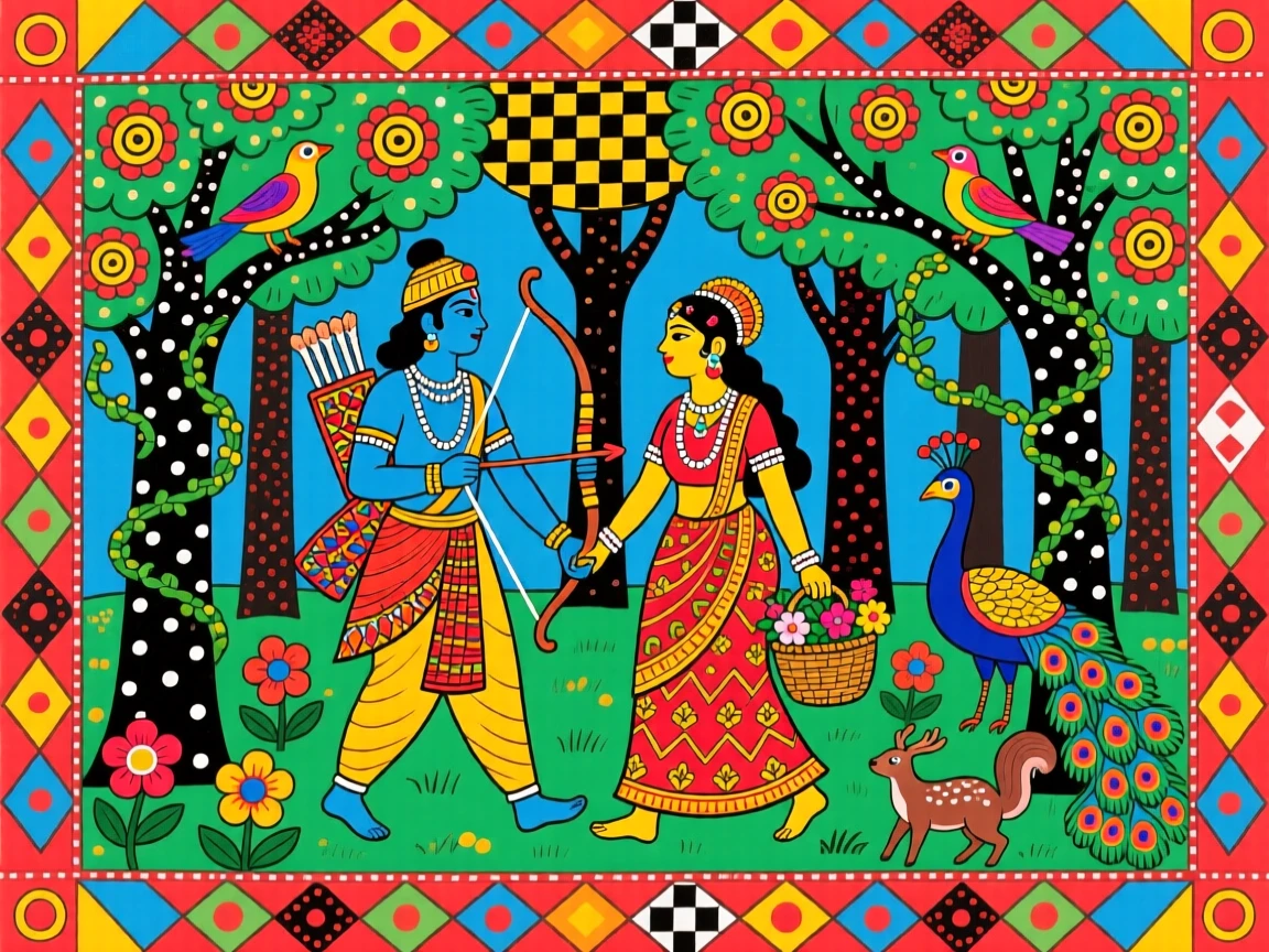 Rama and Sita walking together through a peaceful forest exile.