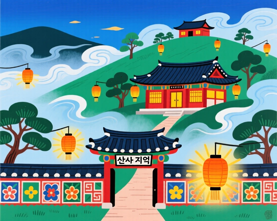 A view of a hillside monastery wrapped in mist, as lanterns are lit for the evening.