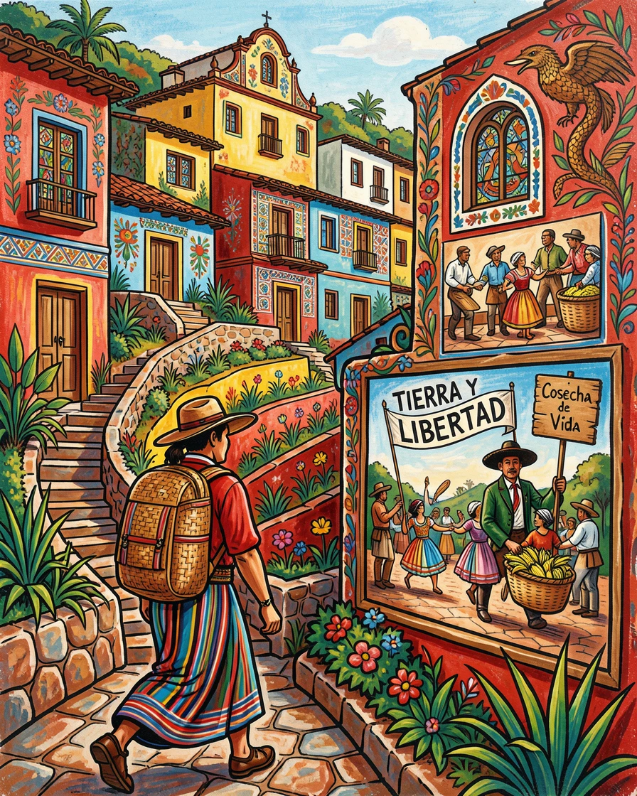 A traveler exploring a colorful hillside village by foot