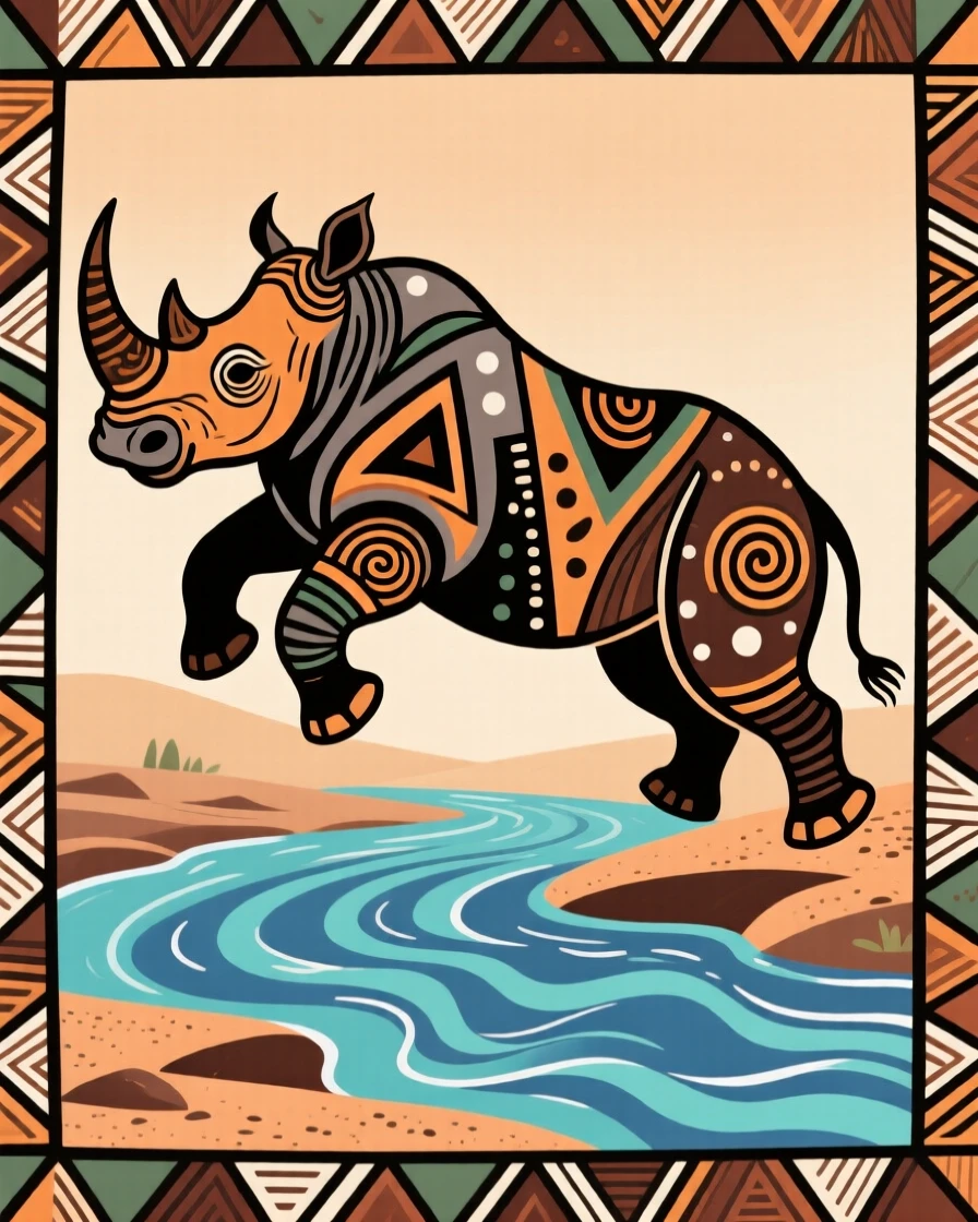 A rhinoceros leaping across a stream.