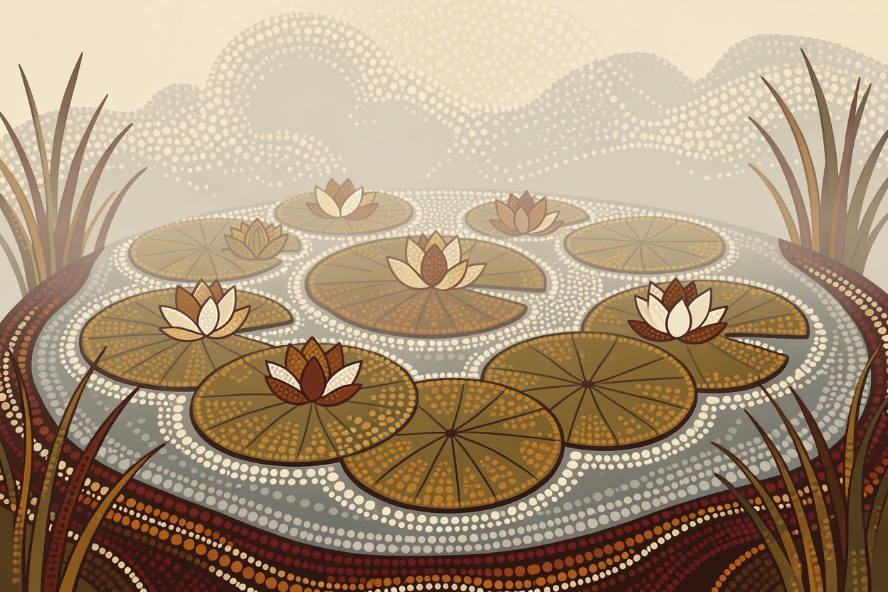 A lotus-covered pond shrouded in morning mist