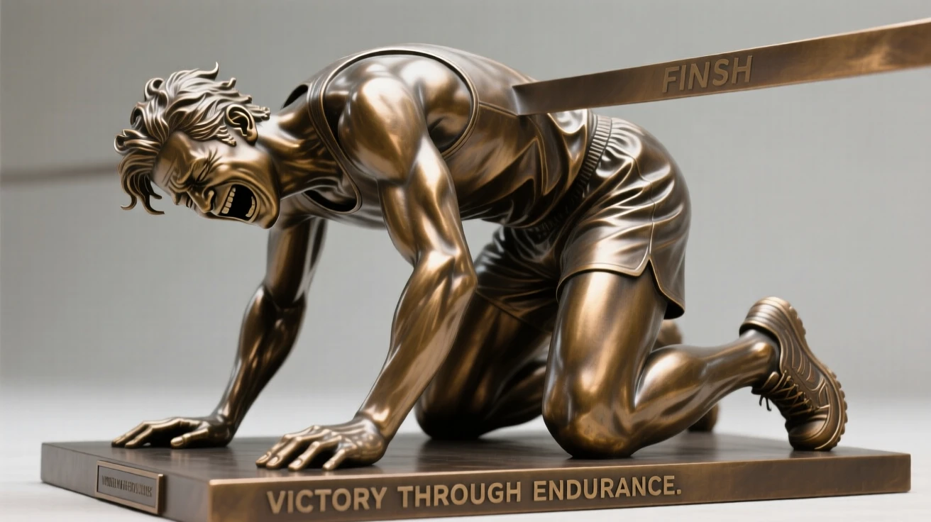 A runner collapsing in joyful exhaustion at the finish, with fine, expressive facial detail, forming a strong central focal point