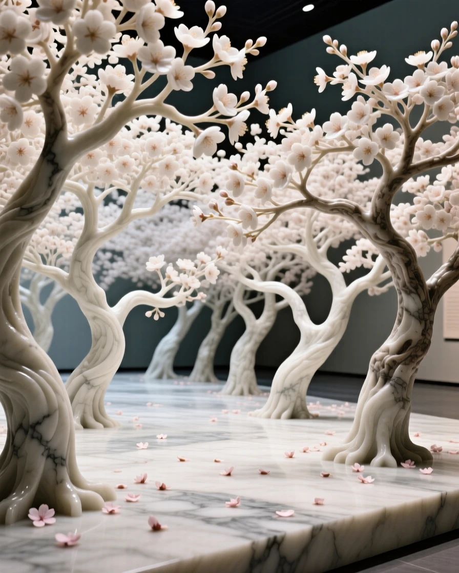 A sweeping, cinematic composition of a cherry blossom grove in full bloom, capturing the raw beauty of the natural world