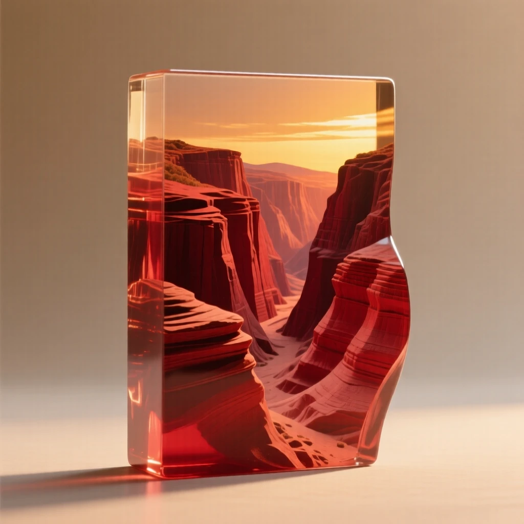 A canyon carved in layered red rock bathed in the warm glow of sunset, rich saturated colors, evoking a deep sense of wonder.