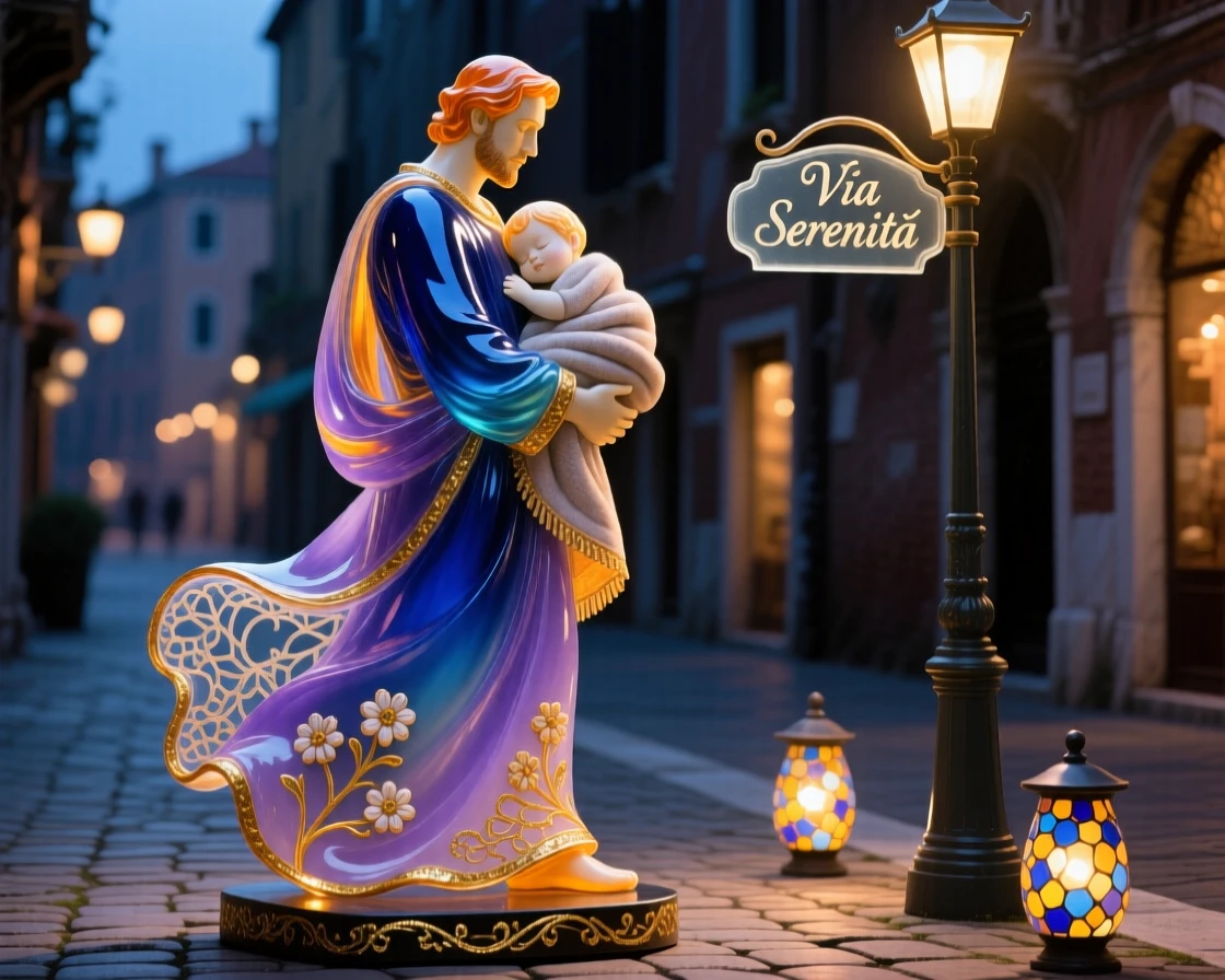A father carrying his sleeping child on his back through a quiet evening street, tender and protective.