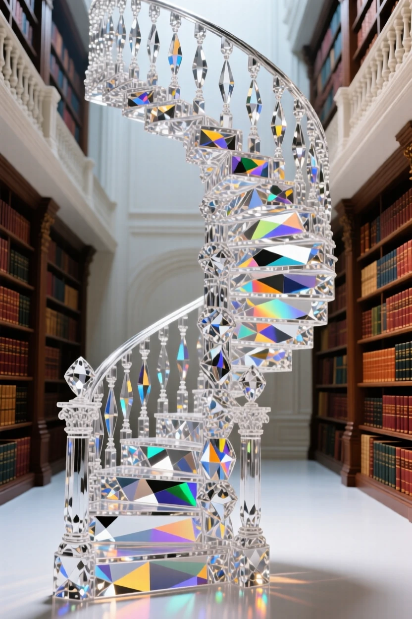 A grand spiral staircase inside a historic library, rows of leather-bound books rising overhead.