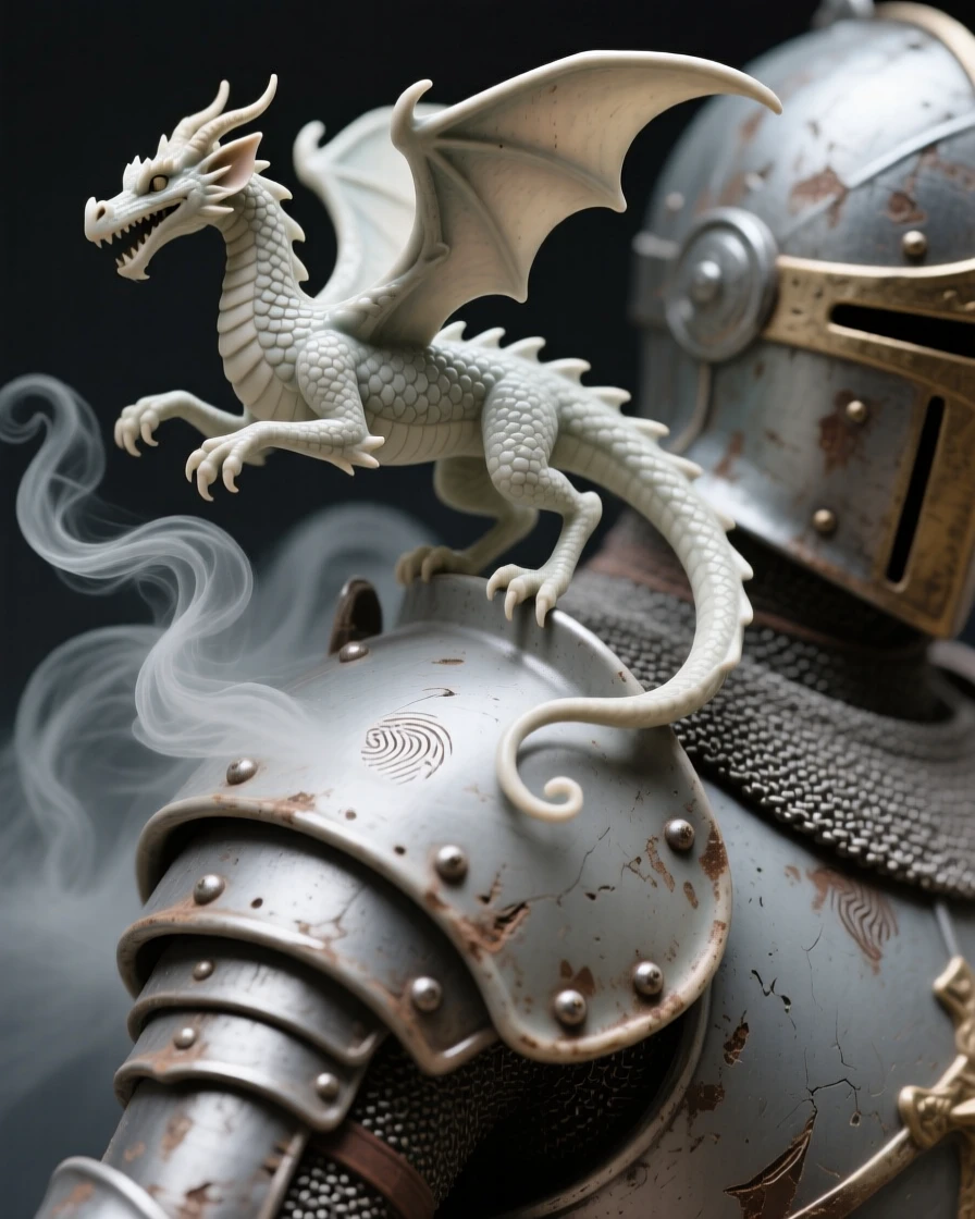 A tiny dragon perched on a knight's shoulder caught in a graceful, weightless leap, wrapped in wisps of enchanted mist, stirring a sense of awe and quiet reverence.