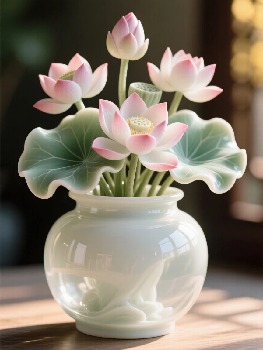 A lush arrangement of lotus blossoms in a delicate glass jar, backlit by warm afternoon sun.