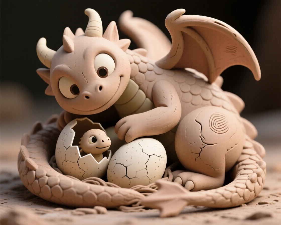 A dragon curling protectively around a hatching clutch of eggs