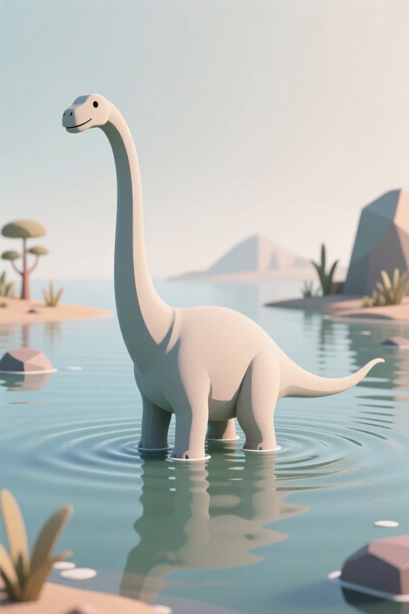 A gentle long-necked Diplodocus wades through a shallow prehistoric lake, ripples spreading across still water.