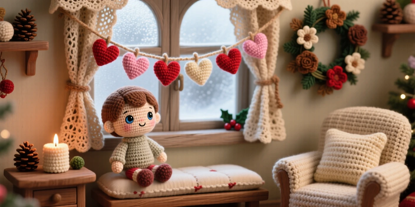 A festive scene of a small child with a paper heart garland stringing hearts along a window, decorating for a cozy celebration within a cozy living room decorated for the holidays; a garland of dried flowers nearby, radiating nostalgic, storybook seasonal charm.