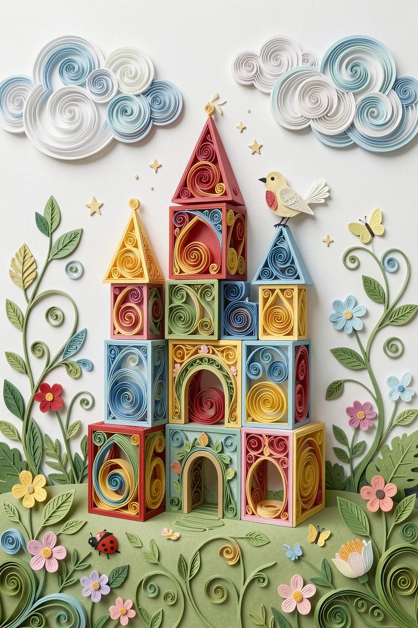 A whimsical children's scene of a stack of building blocks forming a whimsical castle in an enchanted backyard garden, with soft fluffy clouds drifting by, framed with charming small details scattered throughout.