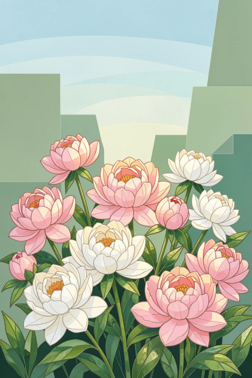 A peony garden bursting with soft pink and white blooms, with soft morning light and a gentle blur of background greenery.