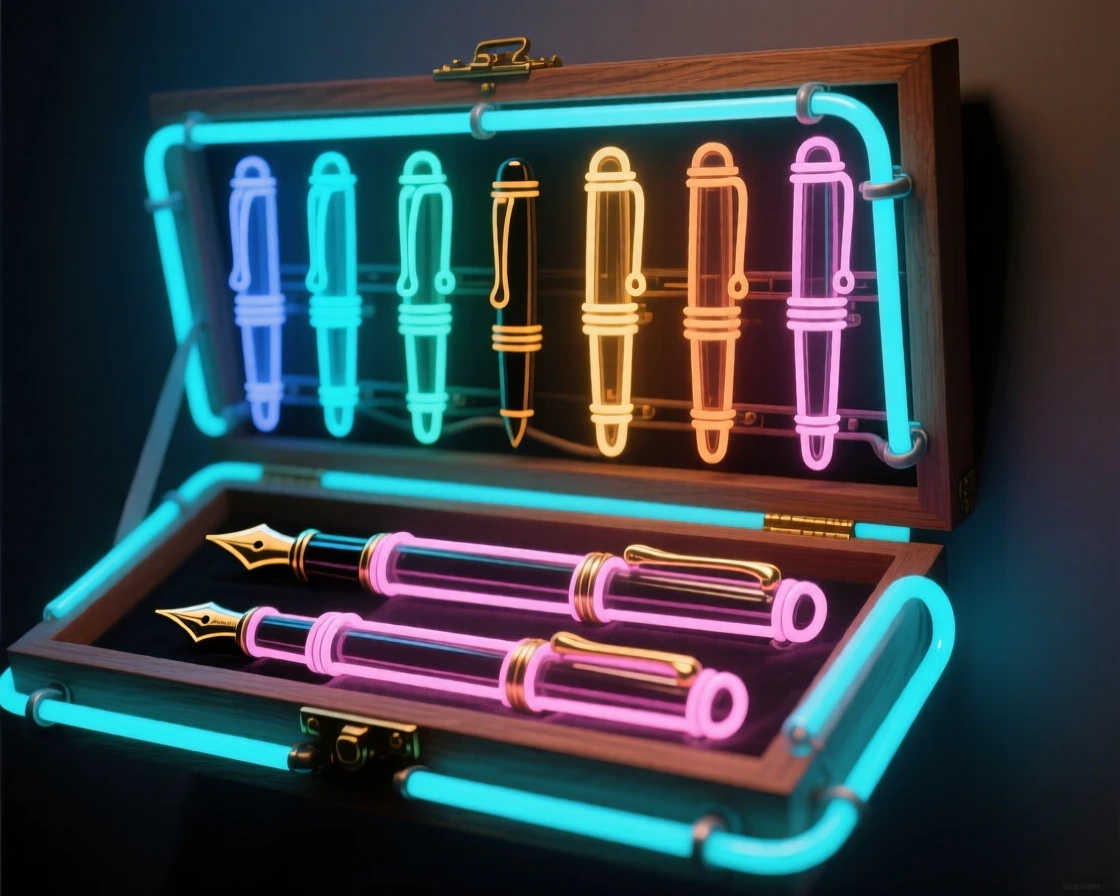 A collection of antique fountain pens arranged in a wooden case.
