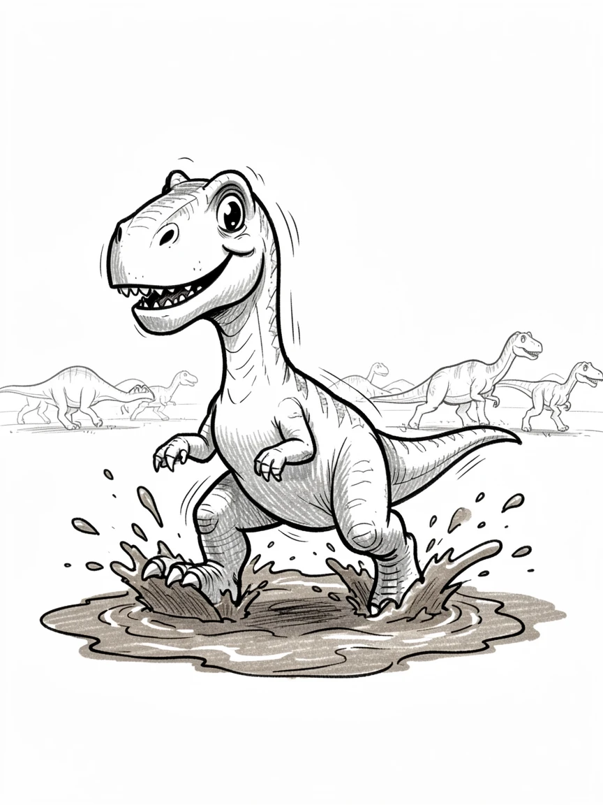 A dinosaur stomping happily through mud beside a herd crossing a plain.