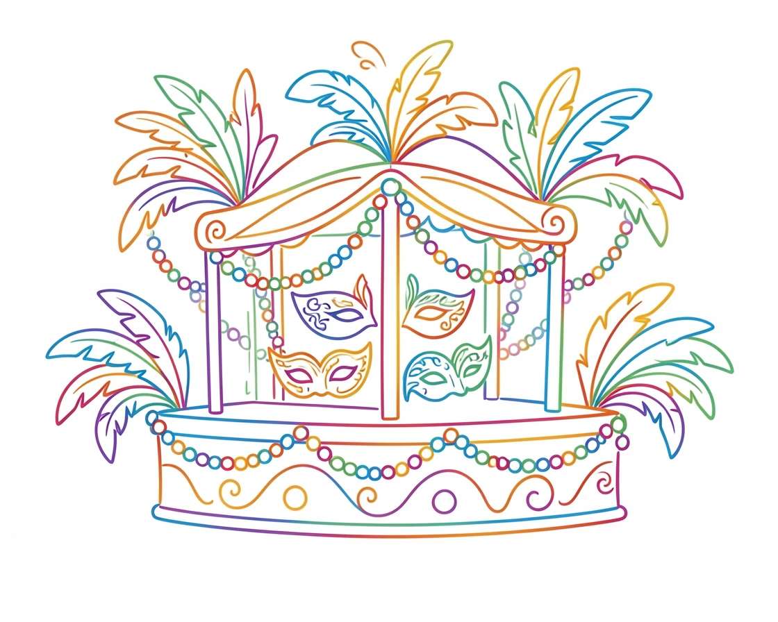 A Mardi Gras parade float covered in beads, masks, and vibrant feathers.