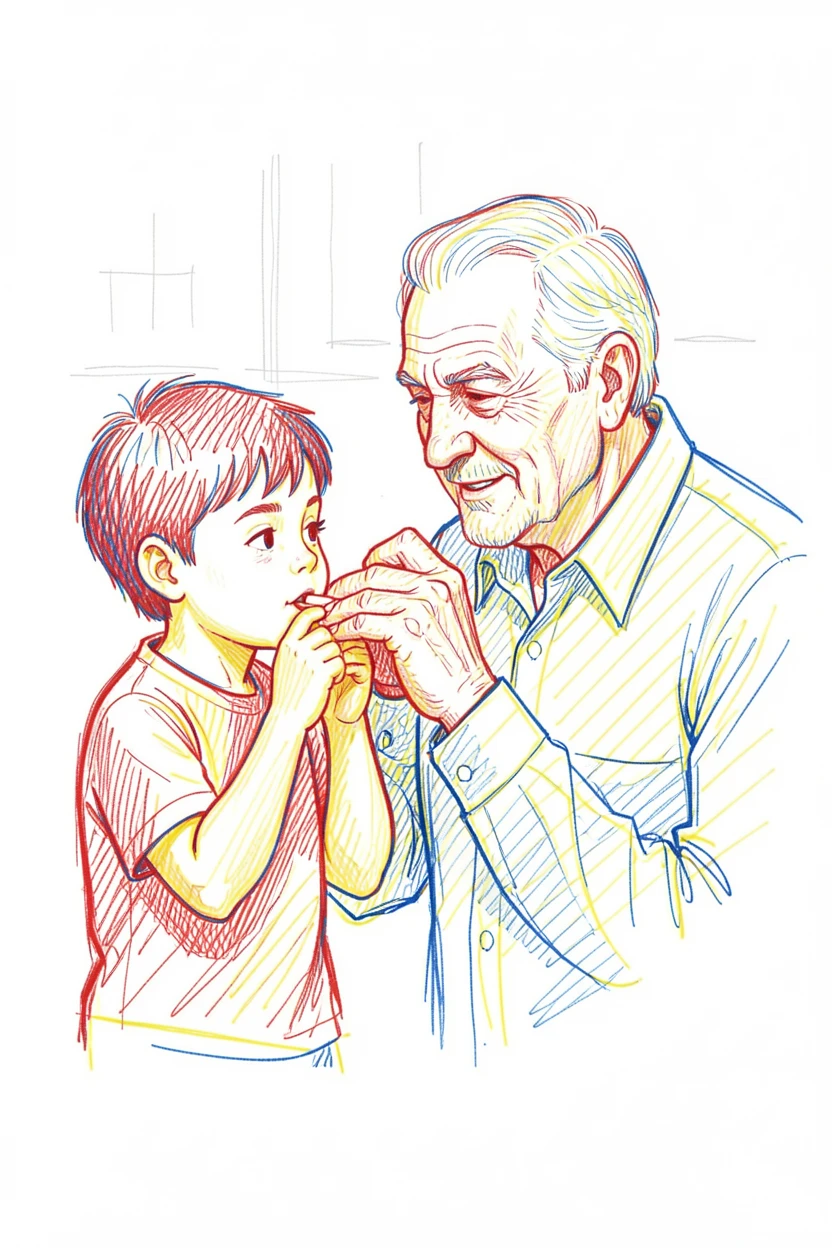 A little boy learning to whistle for the first time with his grandfather