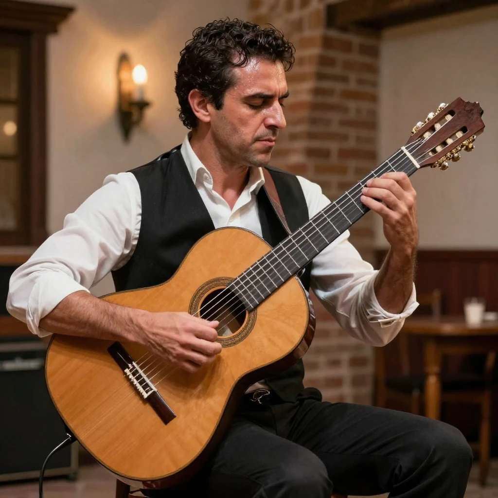 A traditional flamenco guitarist performing passionately