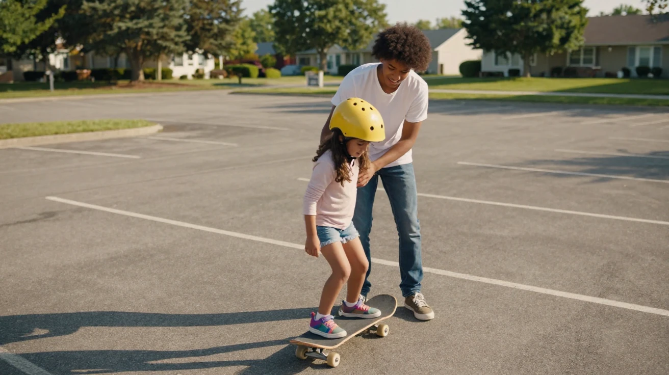 A brother teaches his younger sister to skateboard in an empty parking lot.