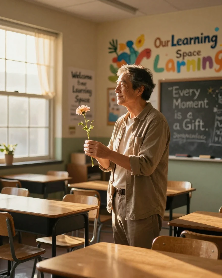 A grateful patient pausing to appreciate a simple joy inside a warmly lit classroom
