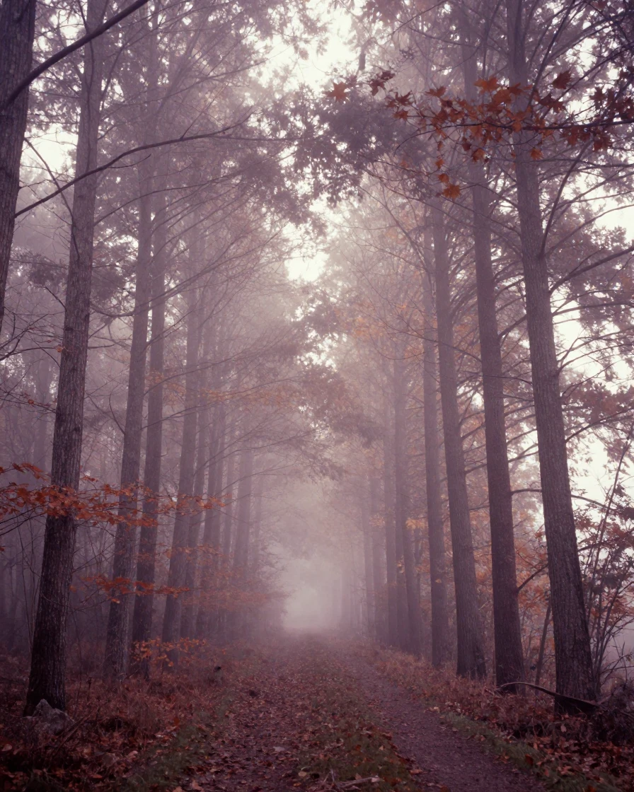 A quiet forest shrouded in thick morning mist, under harsh midday sun, in thick rolling fog, in late autumn, in dusty lavender and rose tones, framed symmetrically down a long corridor.