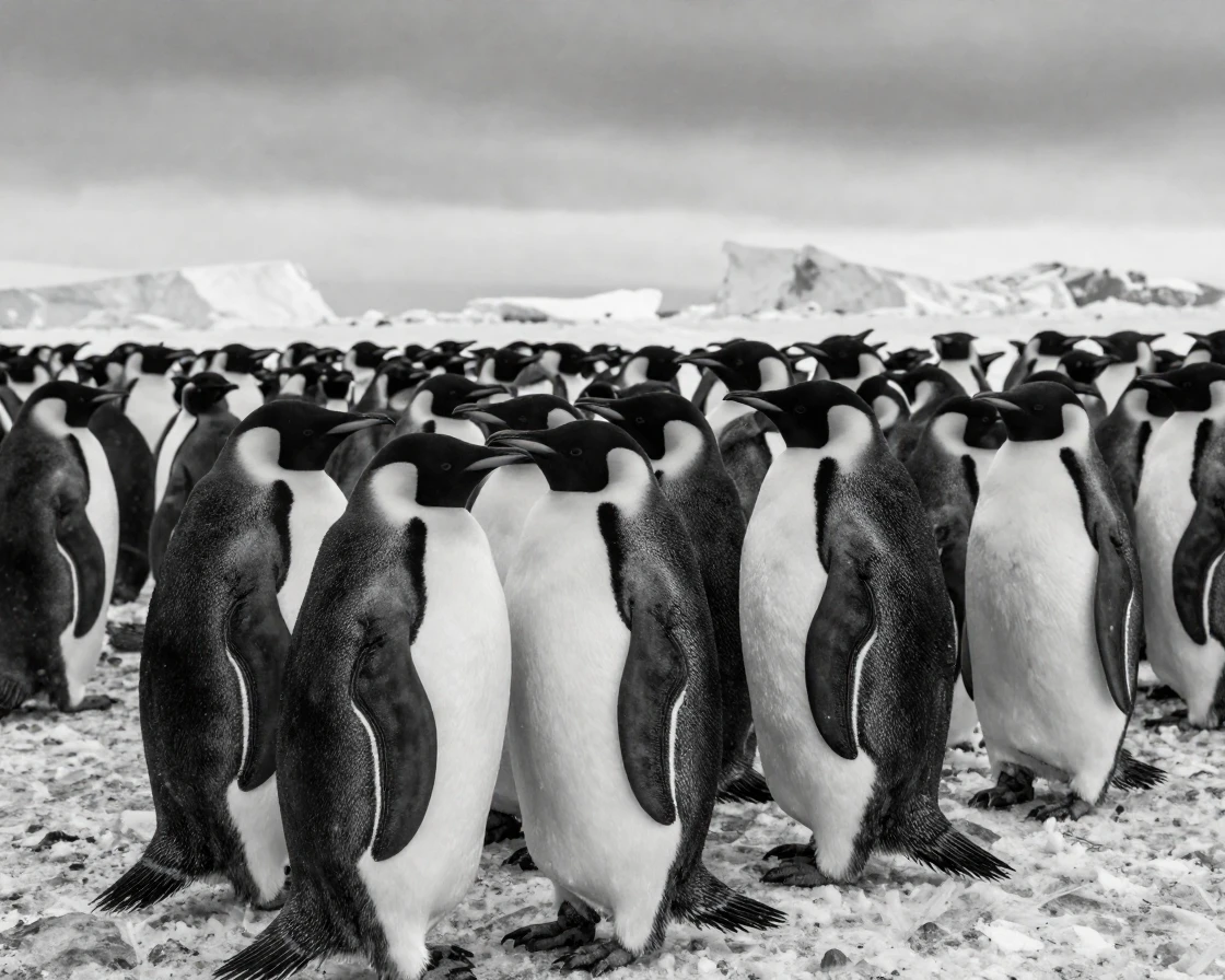 A penguin colony huddles together against the cold amid drifting sheets of ice.